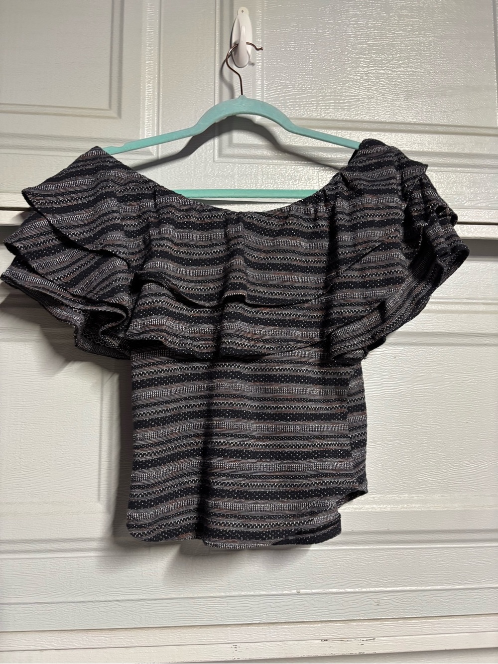 Free People Black and Gray Striped Off-Shoulder Ruffle Crop Top